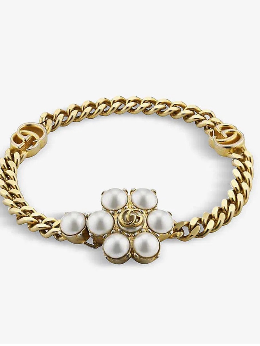 Gucci Gold Chain Bracelet with Faux Pearl Flower